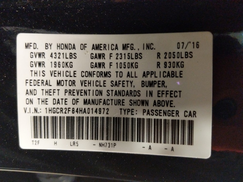 2017 Honda Accord - VIN Plate
