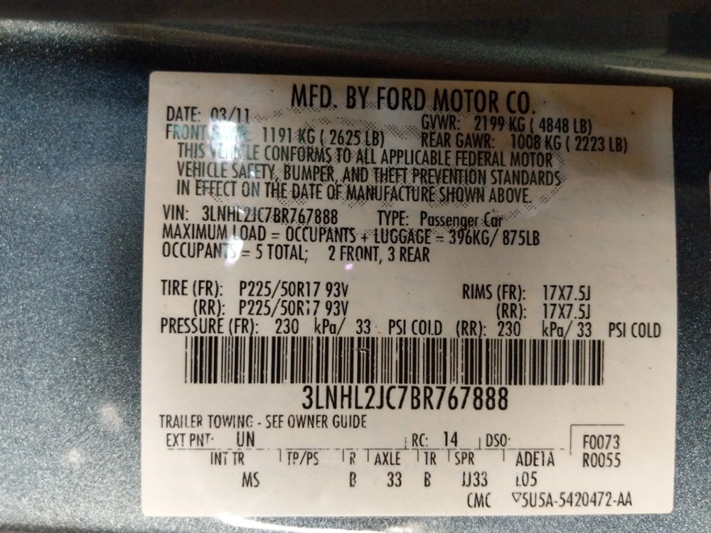 2011 Lincoln MKZ - VIN Plate