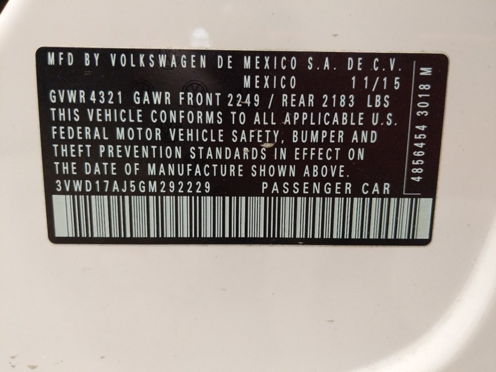 2016 Volkswagen Jetta - VIN Plate
