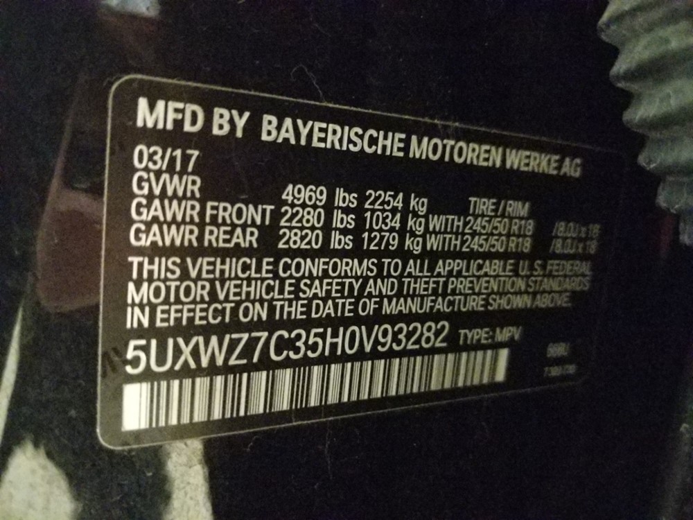 2017 BMW X3 - VIN Plate