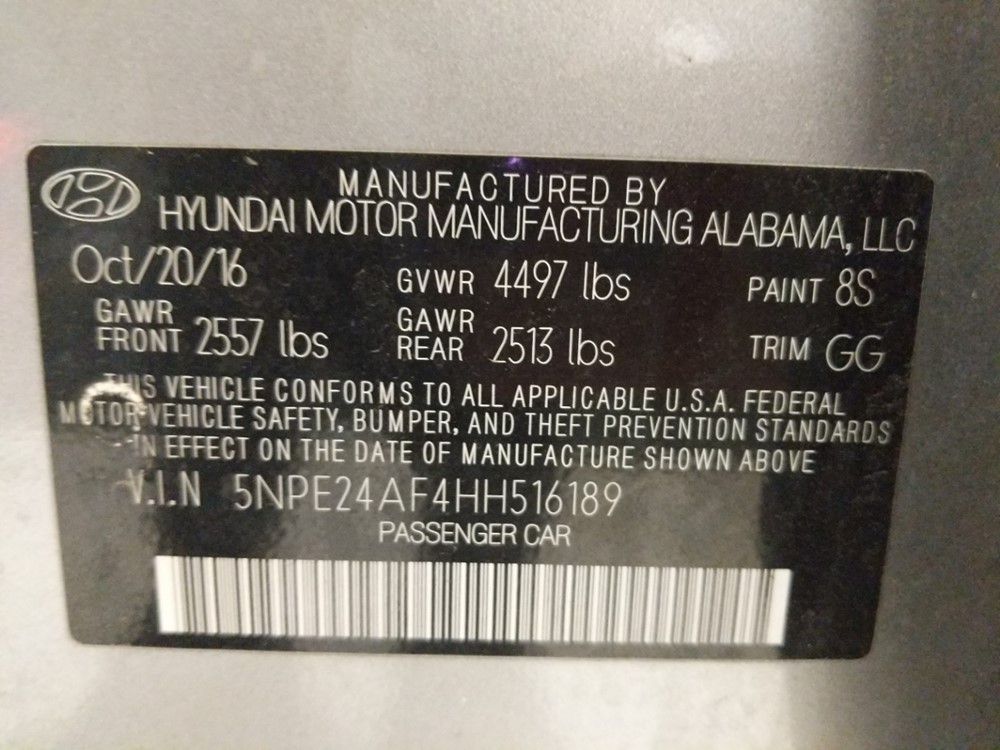 2017 Hyundai Sonata - VIN Plate