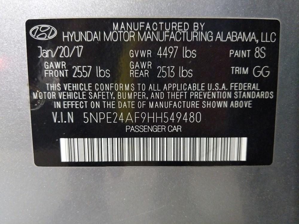 2017 Hyundai Sonata - VIN Plate