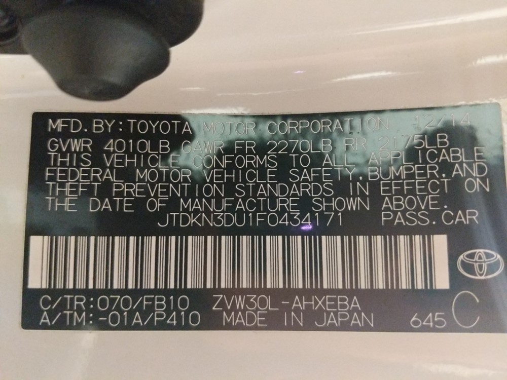 2015 Toyota Prius - VIN Plate