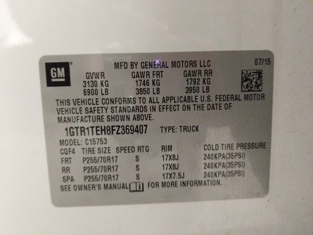 2015 GMC Sierra 1500 - VIN Plate