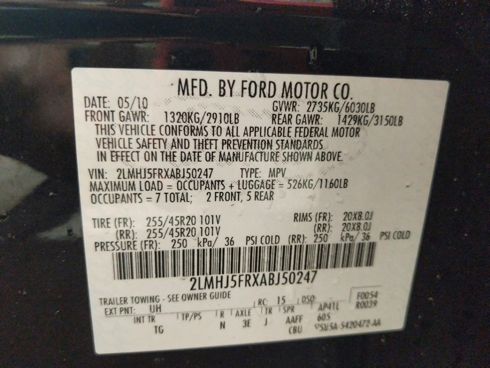 2010 Lincoln MKT - VIN Plate