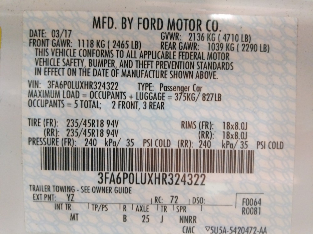 2017 Ford Fusion - VIN Plate
