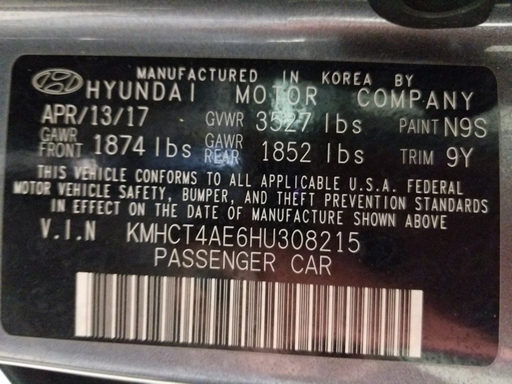 2017 Hyundai Accent - VIN Plate