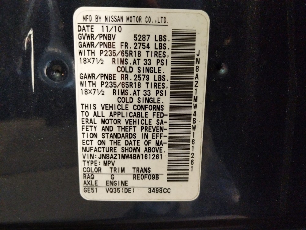 2011 Nissan Murano - VIN Plate