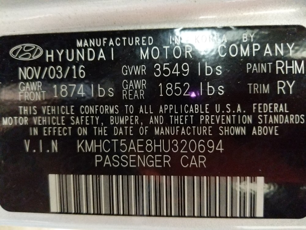 2017 Hyundai Accent - VIN Plate