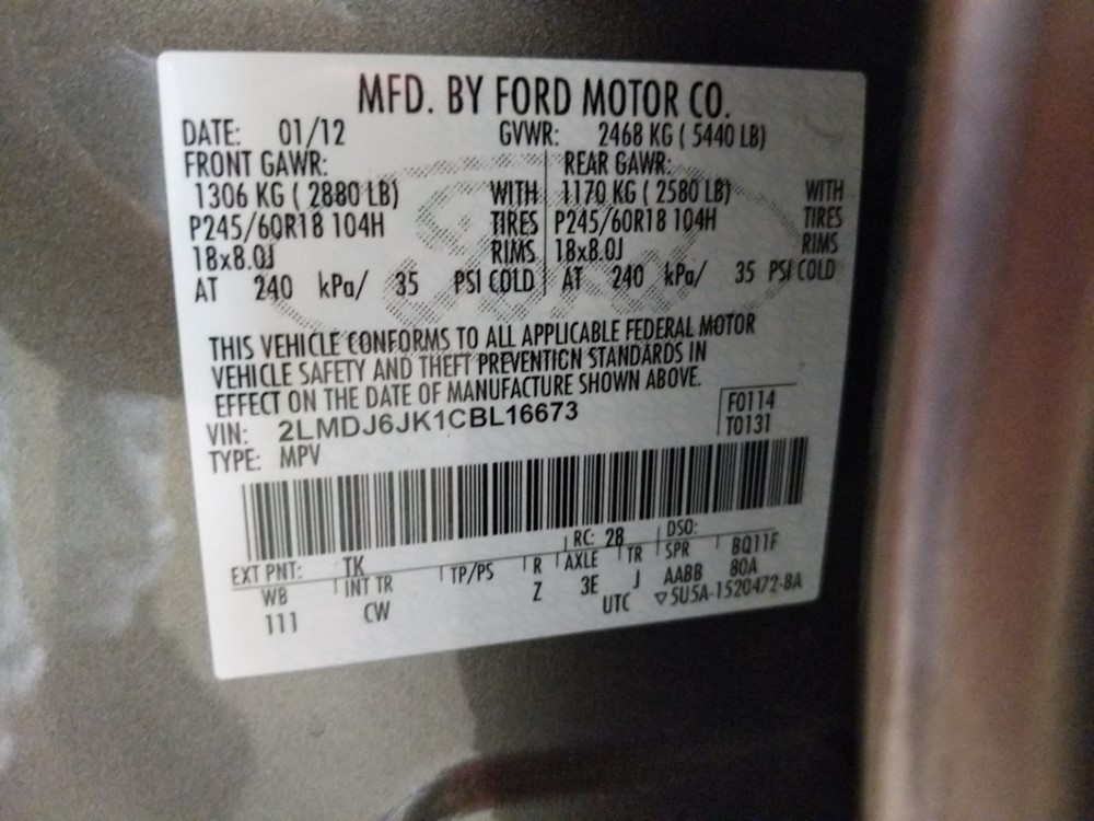 2012 Lincoln MKX - VIN Plate