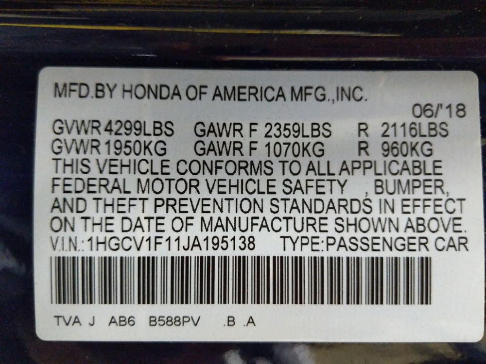 2018 Honda Accord - VIN Plate