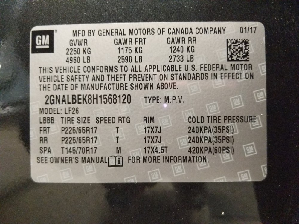 2017 Chevrolet Equinox - VIN Plate