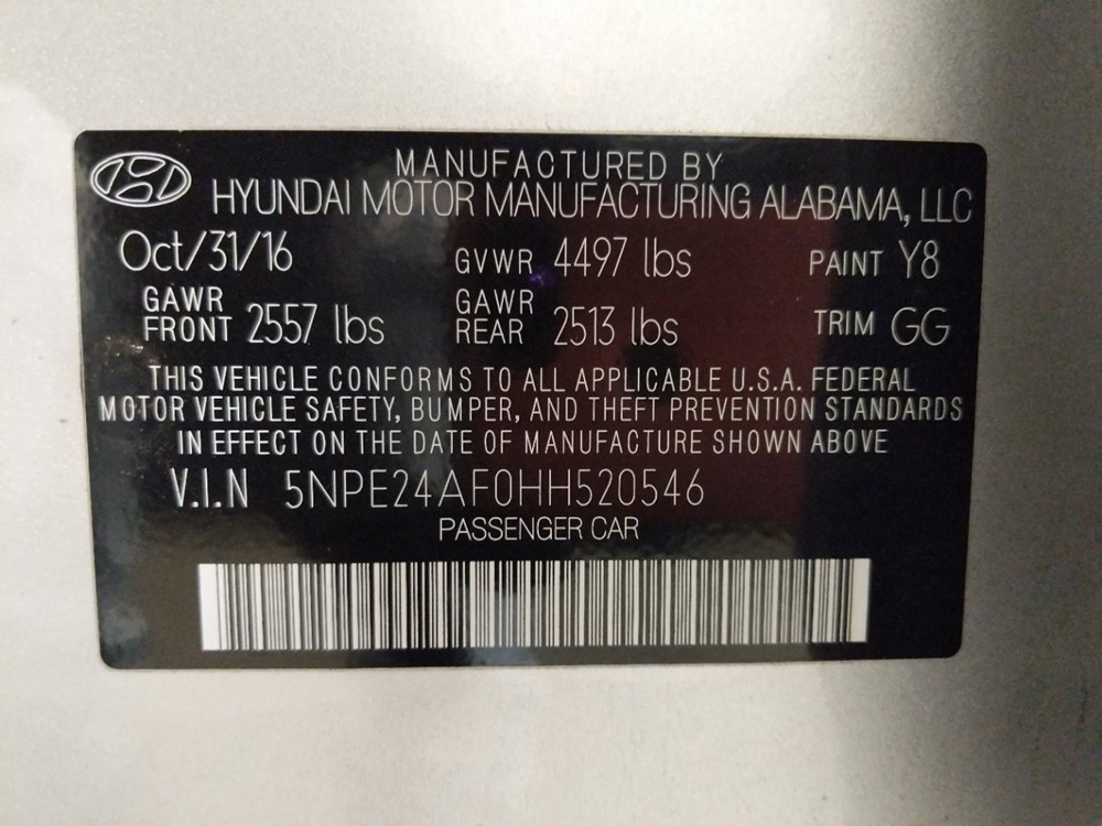 2017 Hyundai Sonata - VIN Plate