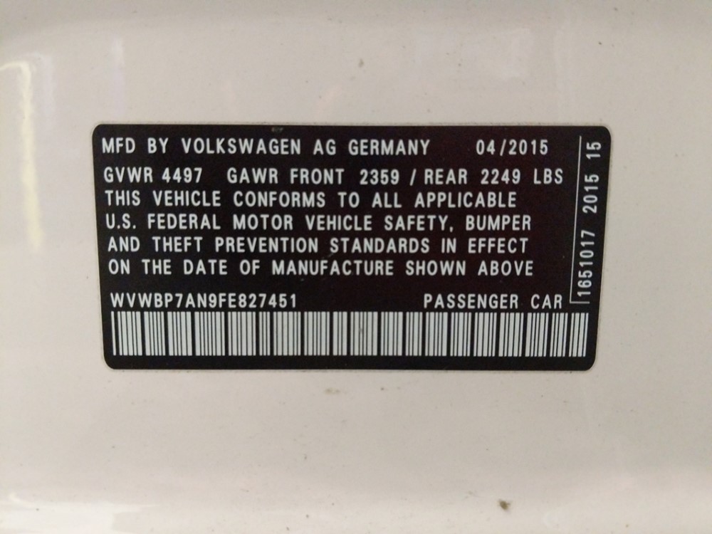 2015 Volkswagen CC - VIN Plate
