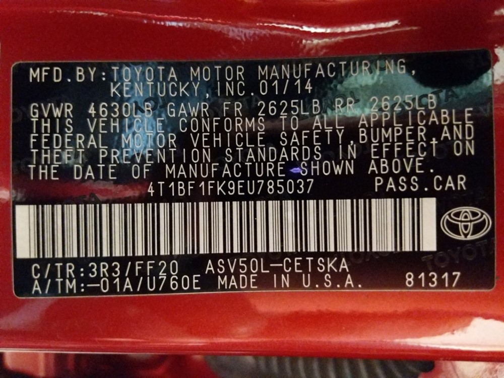 2014 Toyota Camry - VIN Plate