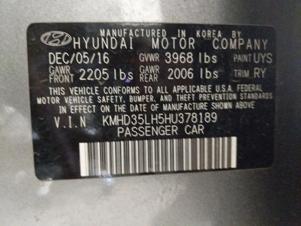 2017 Hyundai Elantra - VIN Plate