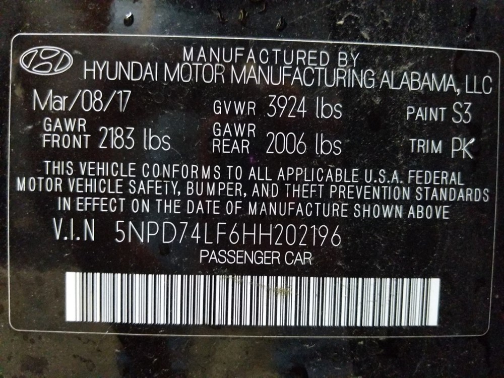 2017 Hyundai Elantra - VIN Plate