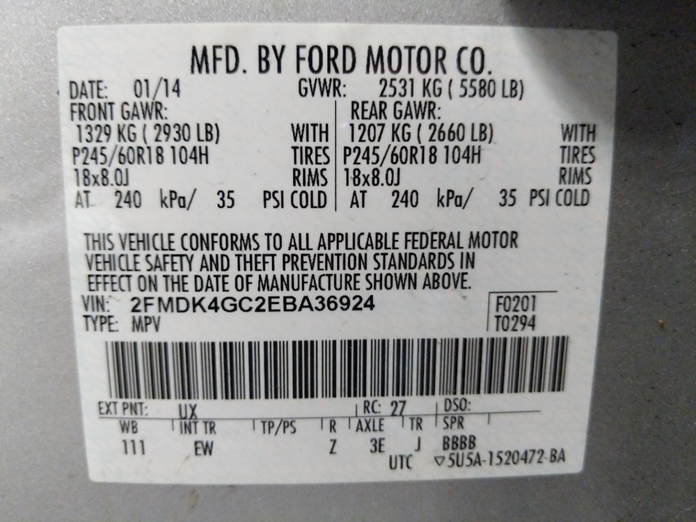 2014 Ford Edge - VIN Plate
