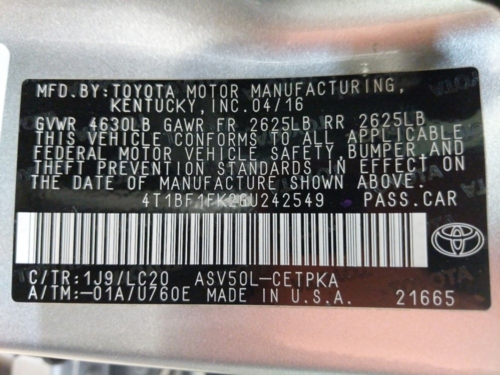 2016 Toyota Camry - VIN Plate