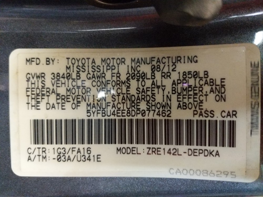 2013 Toyota Corolla - VIN Plate