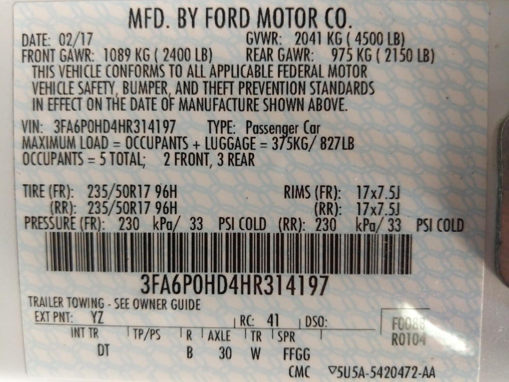 2017 Ford Fusion - VIN Plate
