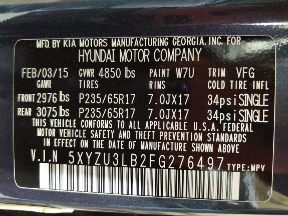 2015 Hyundai Santa Fe - VIN Plate