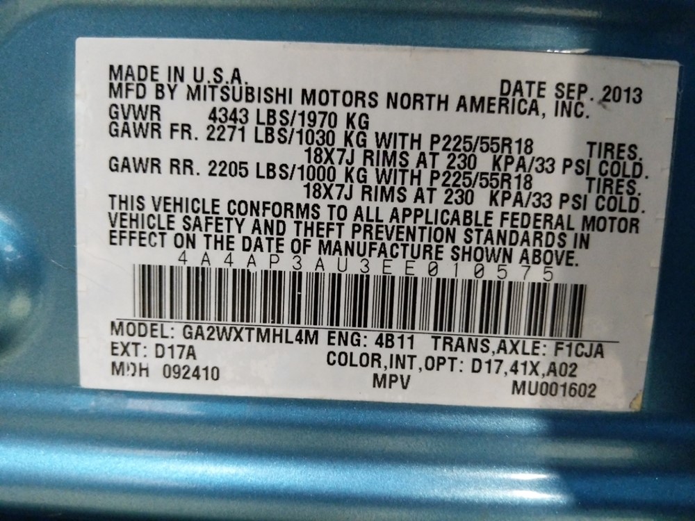 2014 Mitsubishi Outlander - VIN Plate