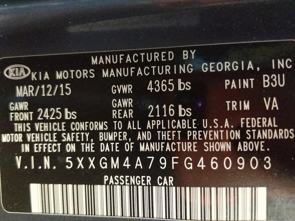 2015 Kia Optima - VIN Plate