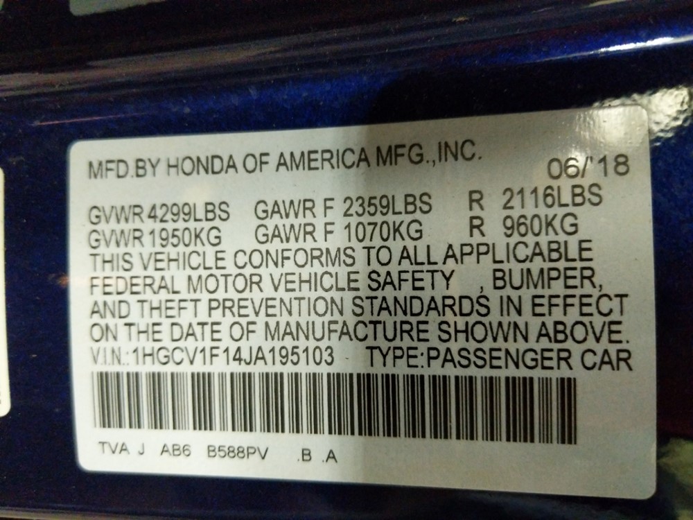 2018 Honda Accord - VIN Plate