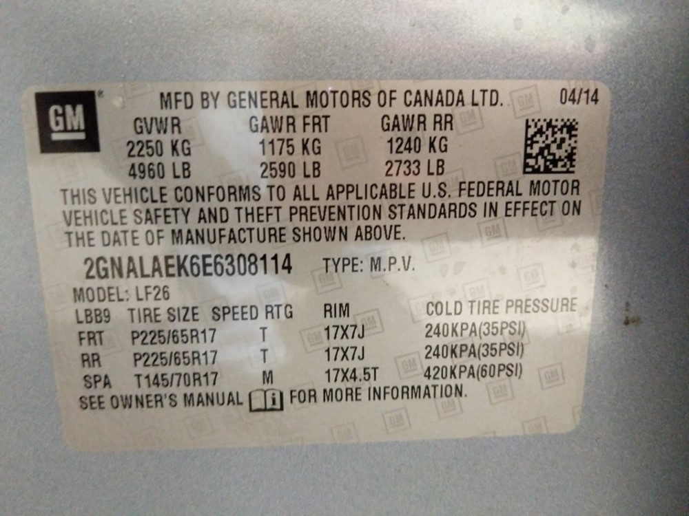 2014 Chevrolet Equinox - VIN Plate
