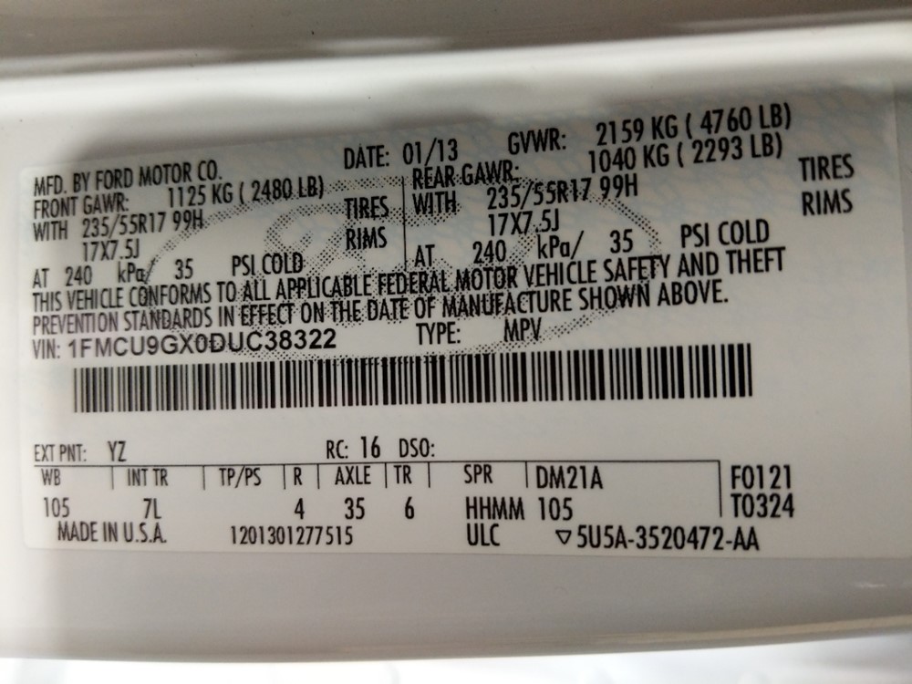 2013 Ford Escape - VIN Plate
