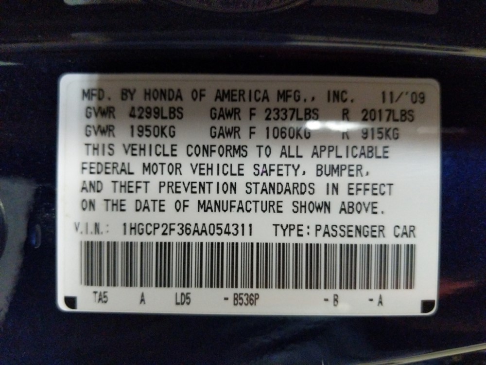 2010 Honda Accord - VIN Plate