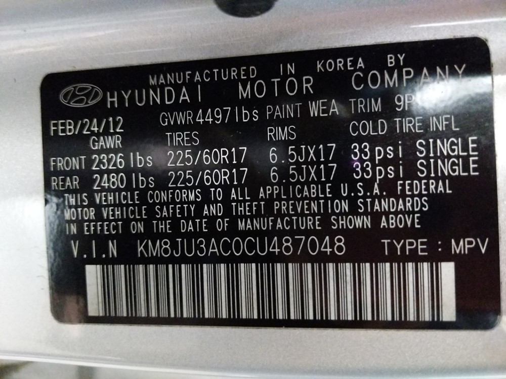 2012 Hyundai Tucson - VIN Plate
