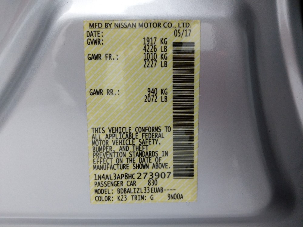 2017 Nissan Altima - VIN Plate