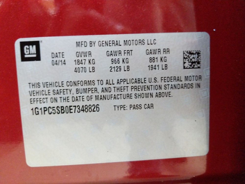2014 Chevrolet Cruze - VIN Plate