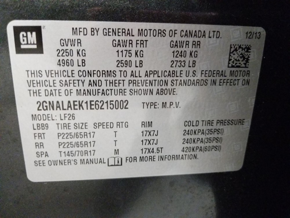 2014 Chevrolet Equinox - VIN Plate