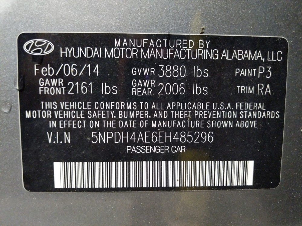 2014 Hyundai Elantra - VIN Plate