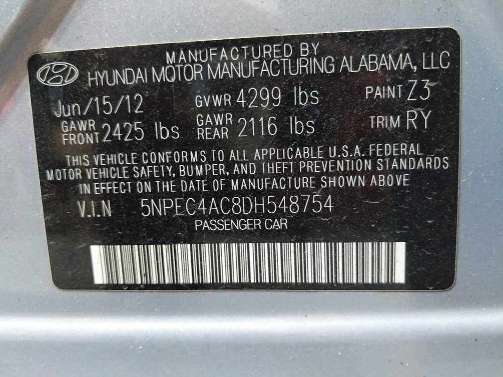 2013 Hyundai Sonata - VIN Plate