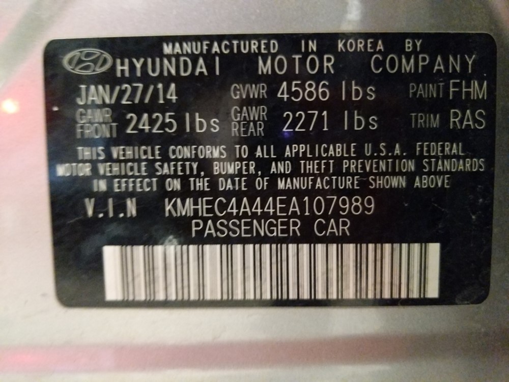 2014 Hyundai Sonata - VIN Plate