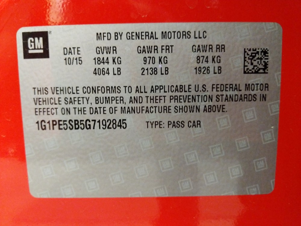 2016 Chevrolet Cruze - VIN Plate