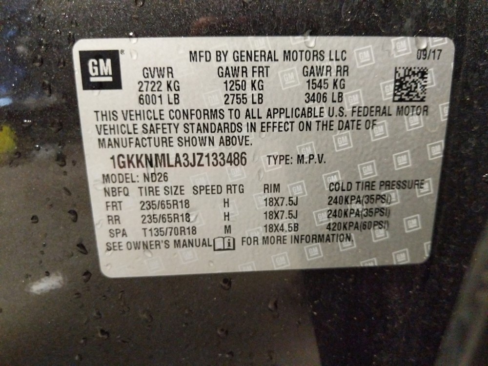 2018 GMC Acadia - VIN Plate
