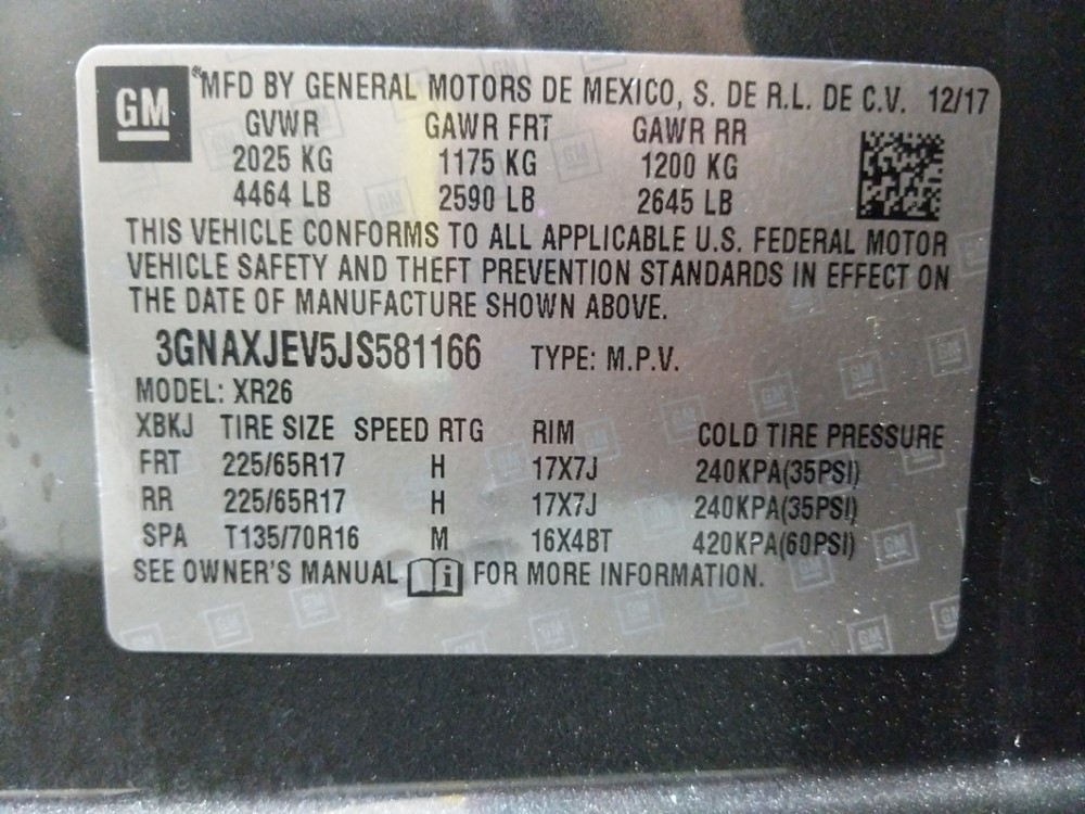 2018 Chevrolet Equinox - VIN Plate