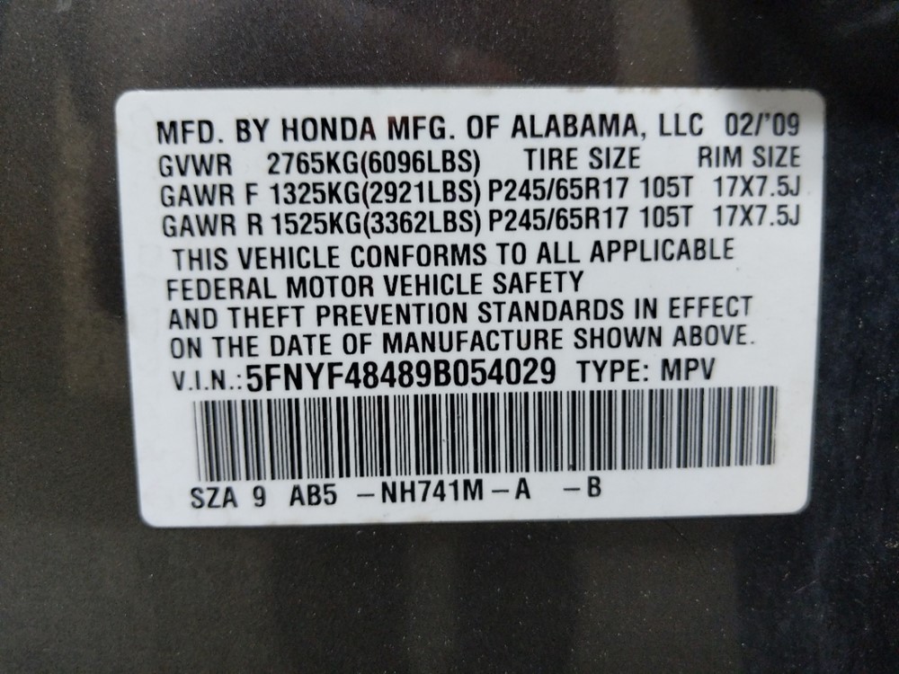 2009 Honda Pilot - VIN Plate