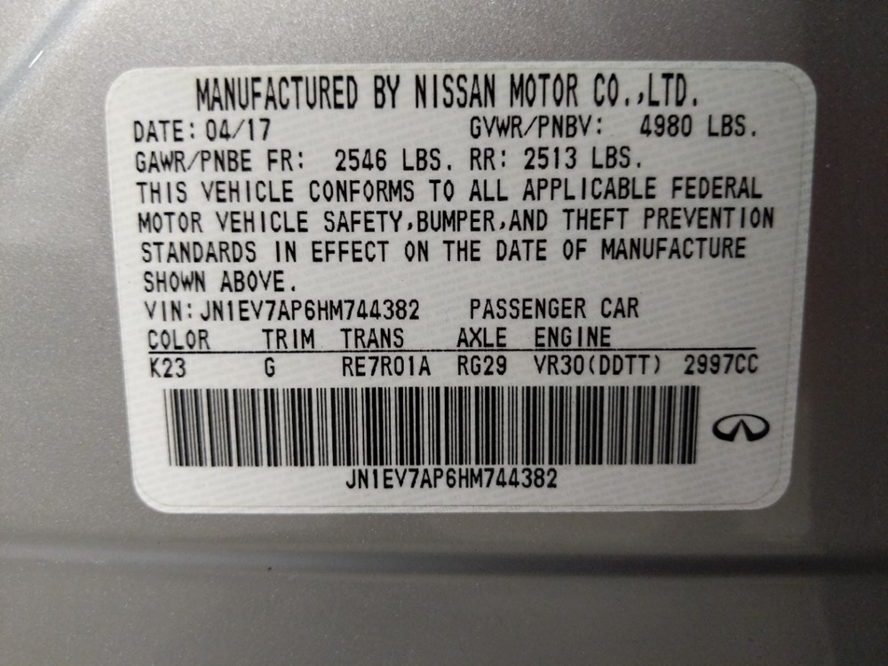 2017 INFINITI Q50 - VIN Plate