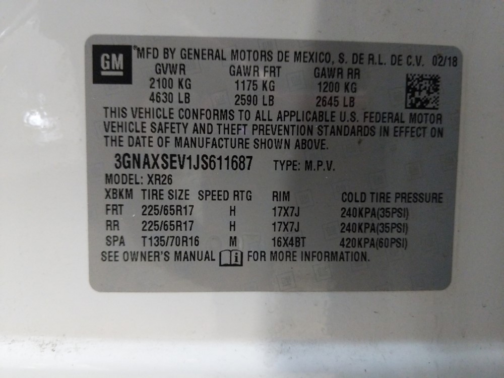 2018 Chevrolet Equinox - VIN Plate