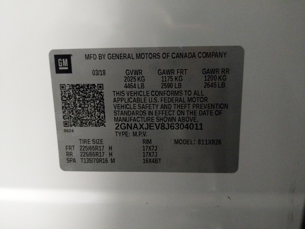2018 Chevrolet Equinox - VIN Plate