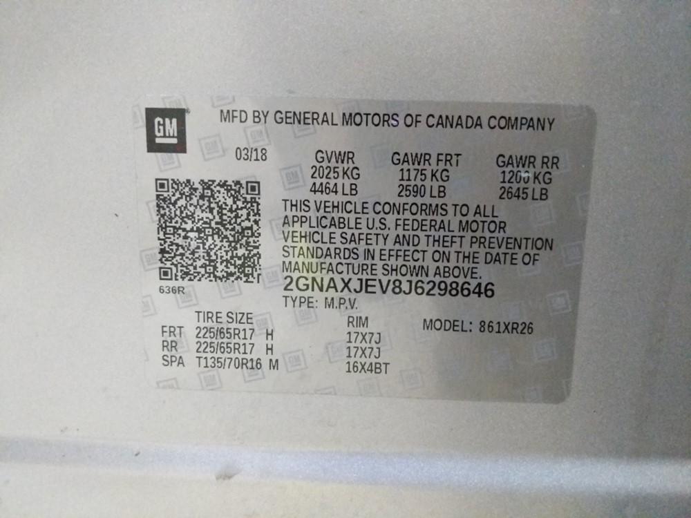 2018 Chevrolet Equinox - VIN Plate