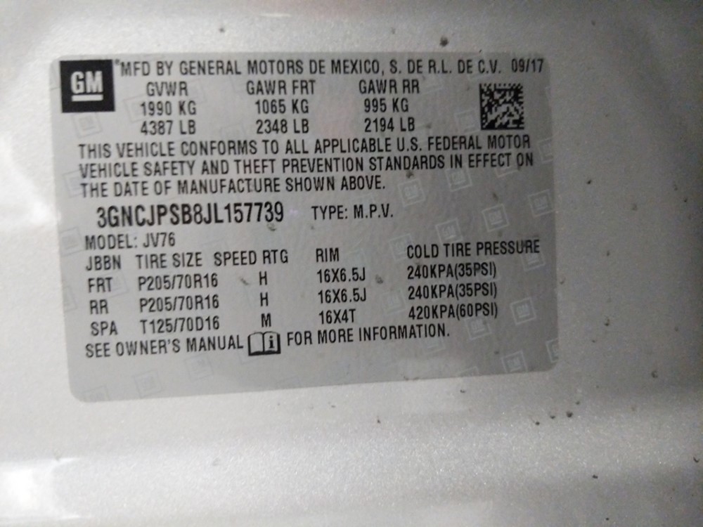 2018 Chevrolet Trax - VIN Plate