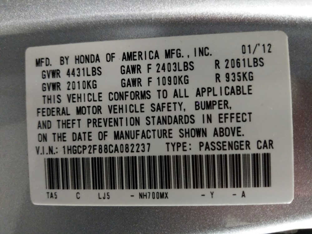 2012 Honda Accord - VIN Plate