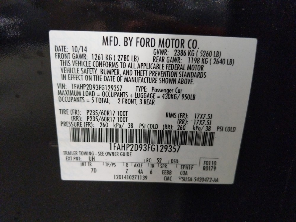 2015 Ford Taurus - VIN Plate